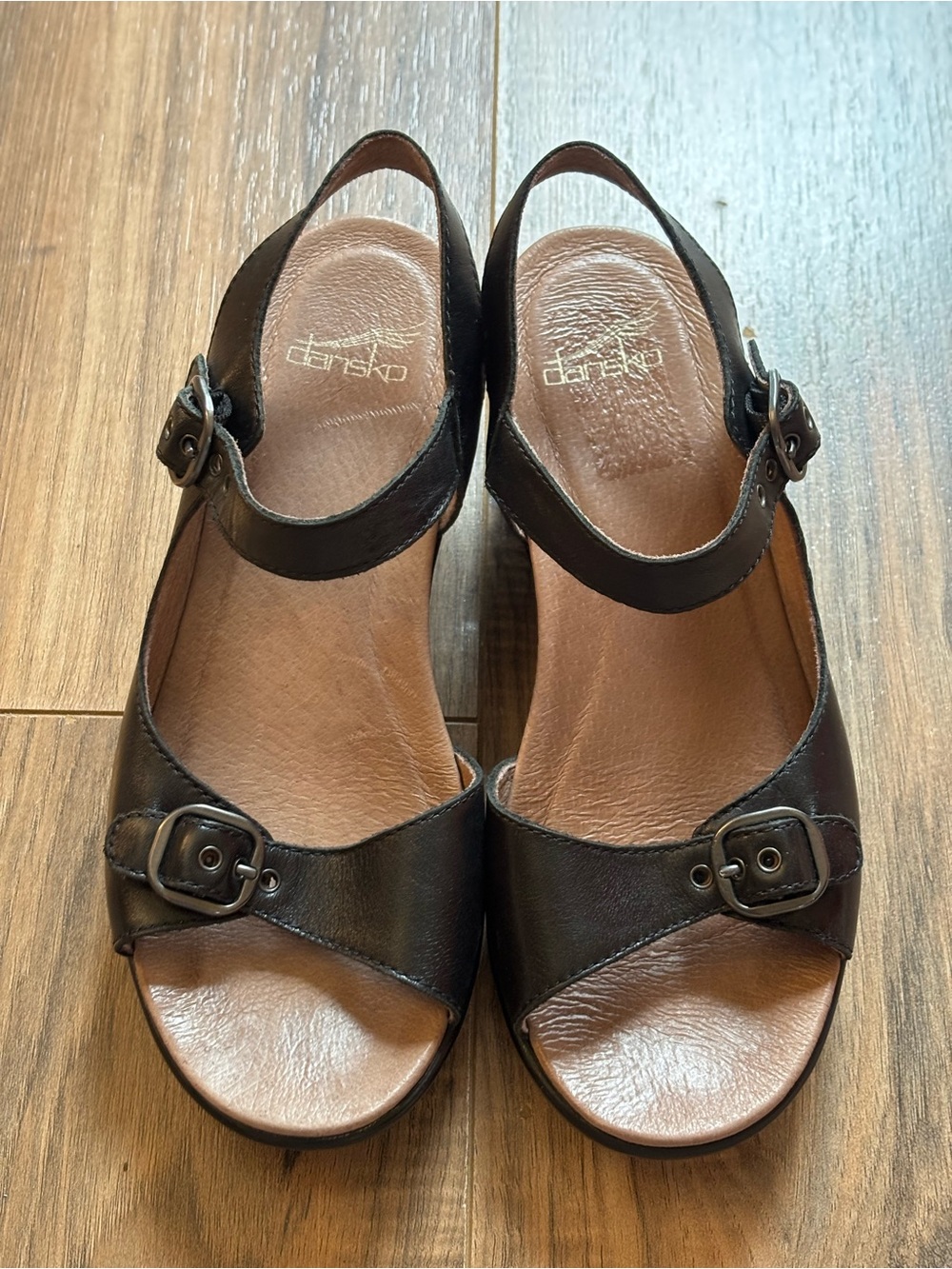 Dansko Black Leather Wedge Sandals Buckle Ankle Strap Open Toe Size 37 US 6.5-7